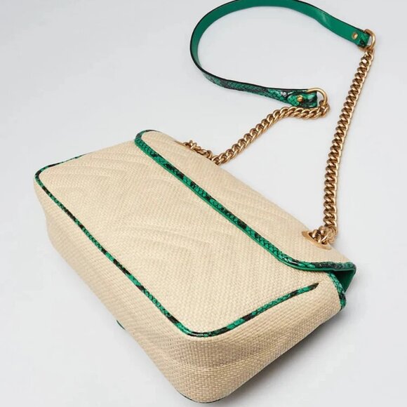 Gucci Natural Raffia and Green Snakeskin GG Marmont Small Matelasse Shoulder Bag - Picture 3 of 11